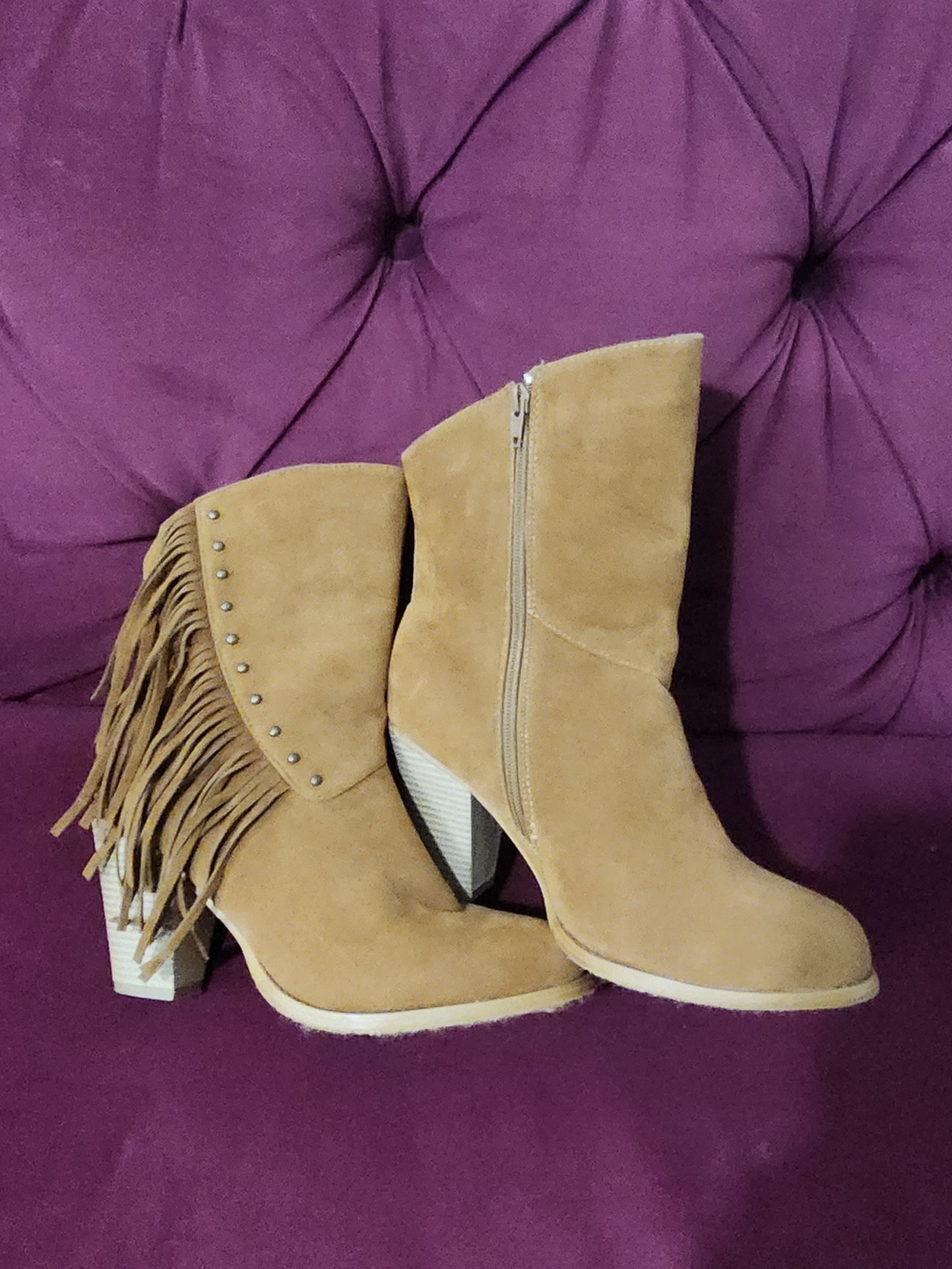 Fringed Suede Mid-Calf Heeled Boots - Tan